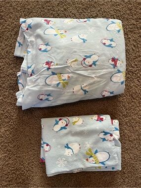 Blue Penguin and Polar Bear Flannel Sheet and Pillowcase / Twin Size
